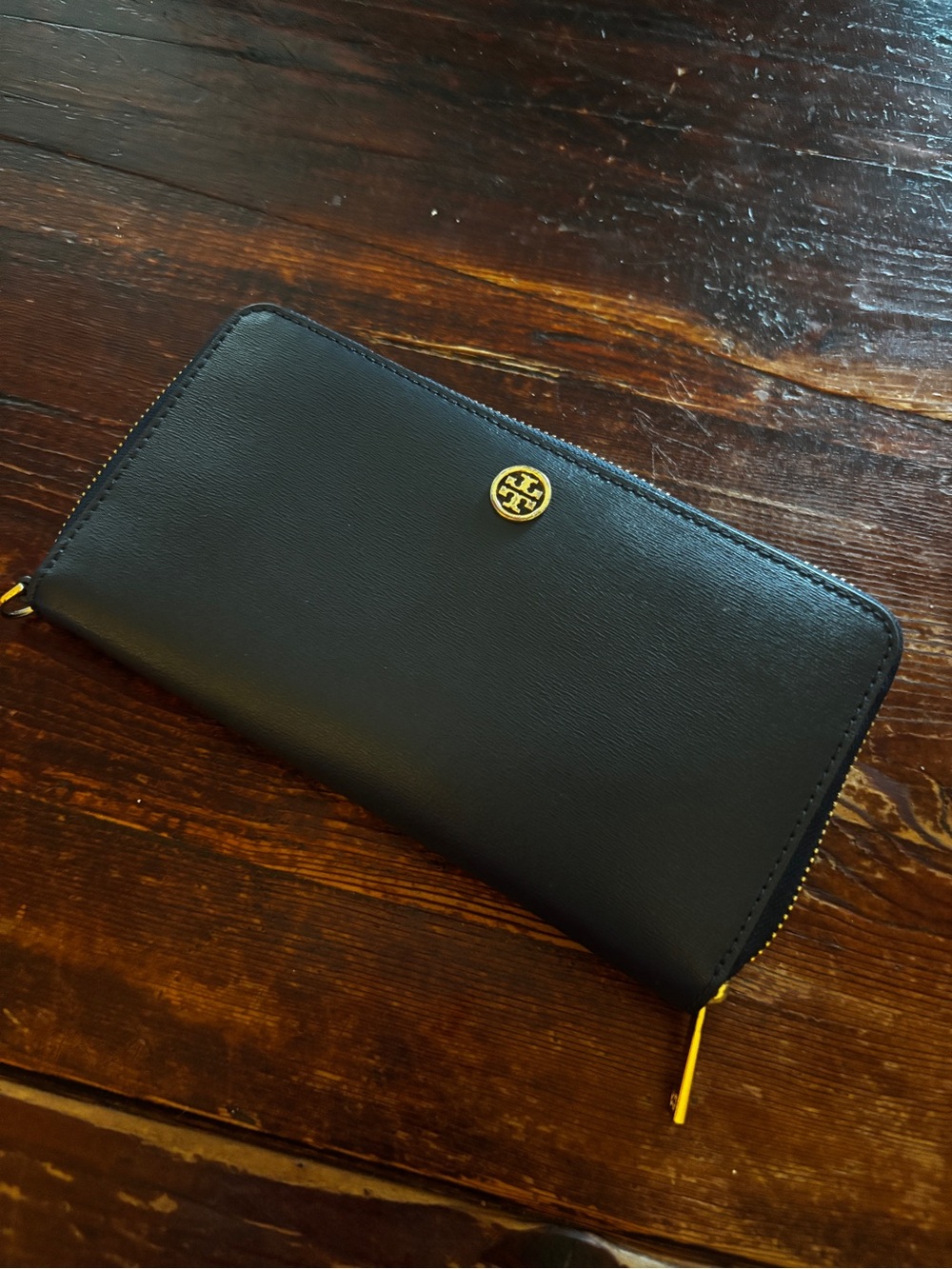 Tory Burch Navy Leather Zip Wallet with Gold Logo Accent